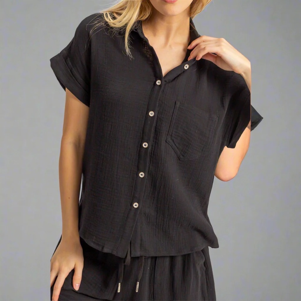 Brand new Black Double-Gauze Cotton  Cuffed Sleeve Button Down Shirt